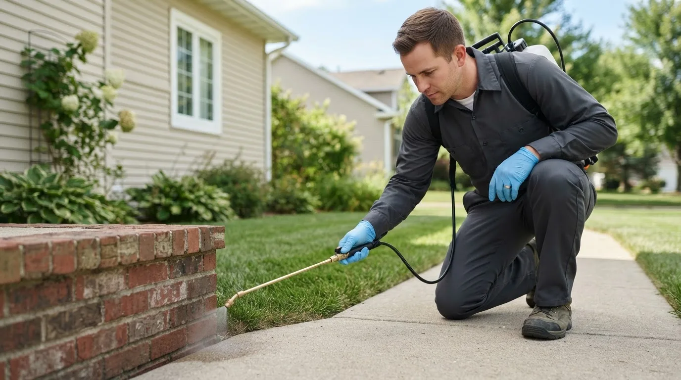 Pest control technician treating a home near Albany, OR